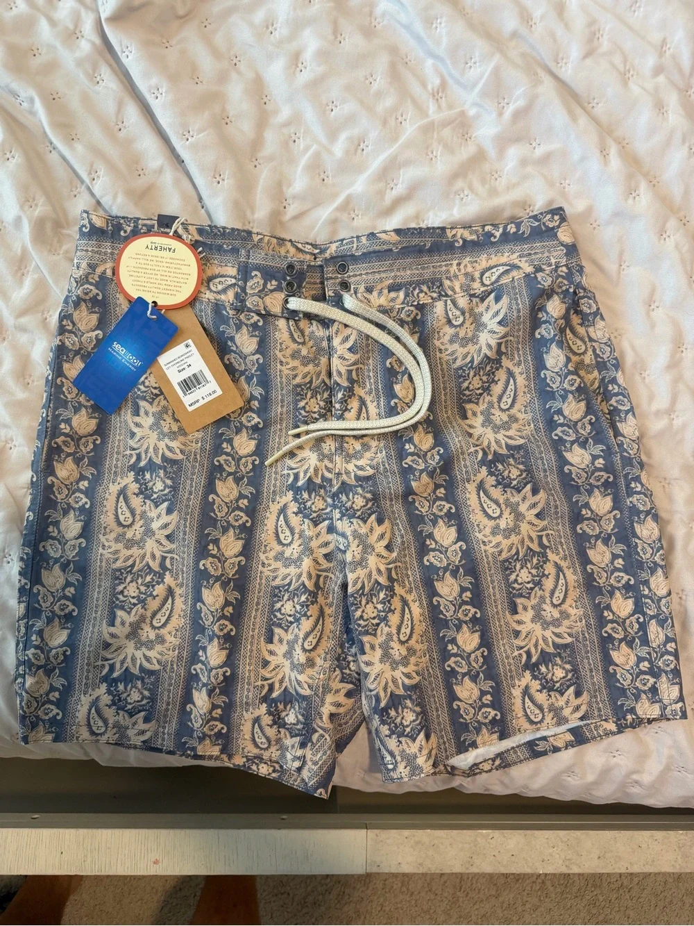 Faherty Blue and White Paisley Hybrid Shorts